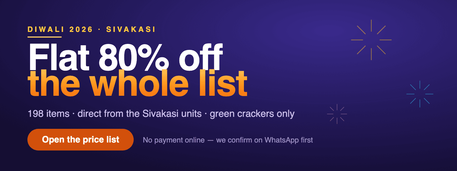 Diwali 2026 — flat 80% off the whole price list
