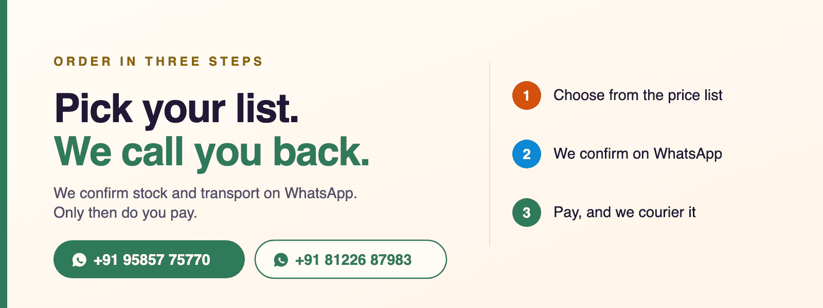 Order in three steps: pick your list, we confirm on WhatsApp, then you pay